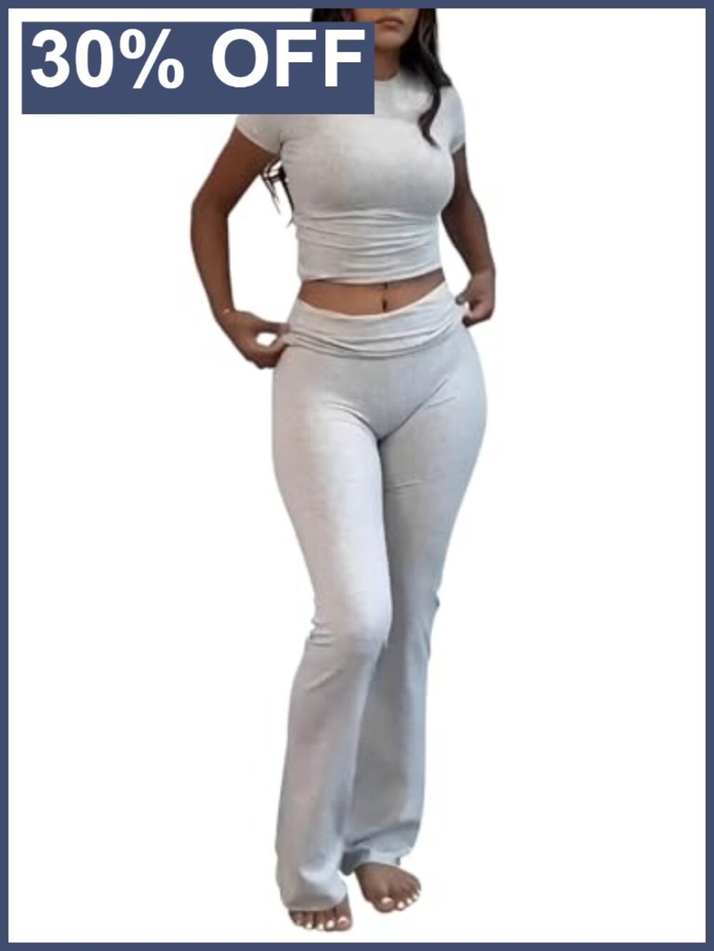 Two Piece Workout Set Short Sleeve Crop Top Flare Pants Tracksuit